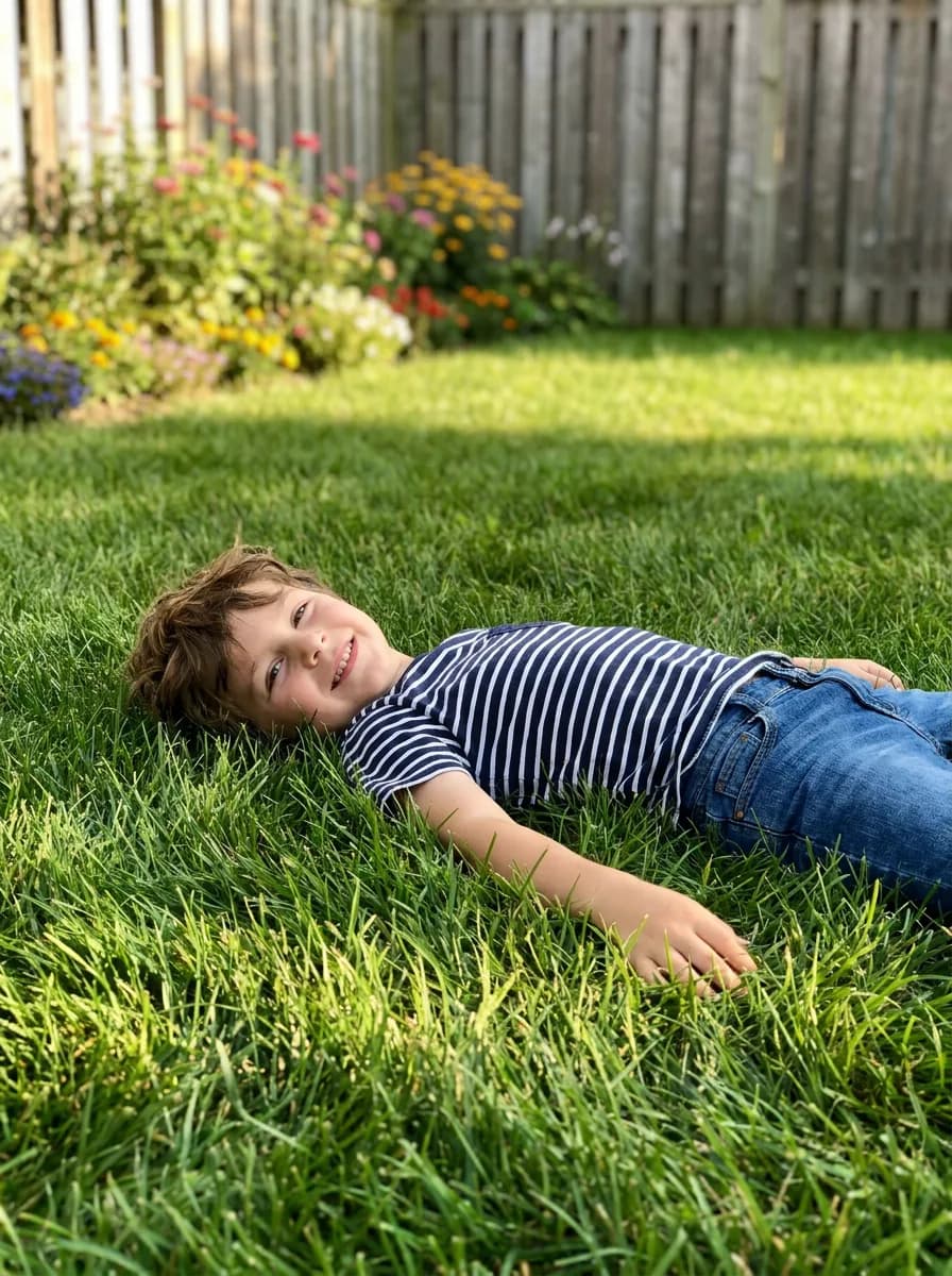 A happy young boy stretched out on a thick, healthy lawn treated by Green Lawn Fertilizing
